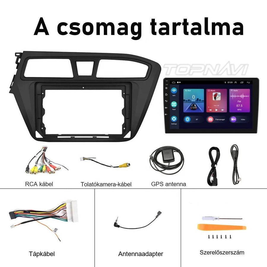 Hyundai i20 2014–2017 Android fejegység csomag tartalma: keret, kábelek, GPS antenna, szerelőszerszám - TOPNAVI