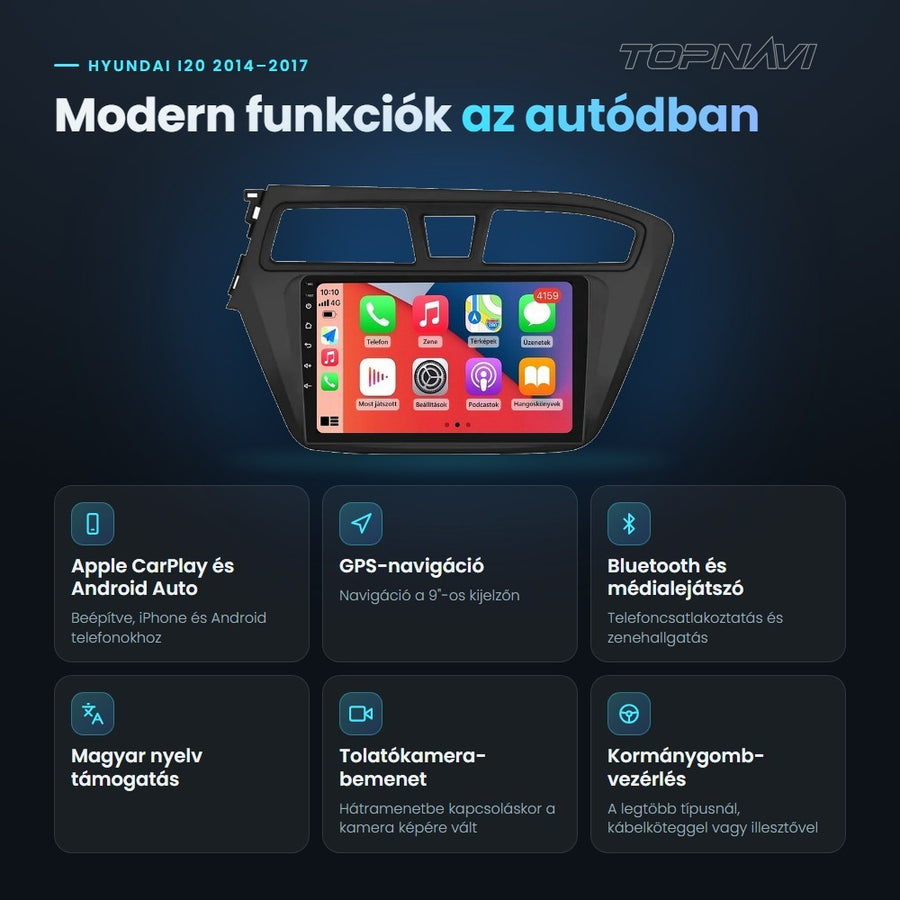 Hyundai i20 2014–2017 9" Android fejegység előnyei: Apple CarPlay, Android Auto, GPS-navigáció, Bluetooth, magyar nyelv támogatás, tolatókamera-bemenet - TOPNAVI