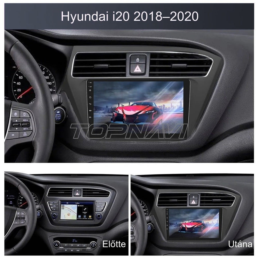 Hyundai i20 2018–2020 műszerfal a gyári érintőkijelzővel és beszerelés után a 9" Android fejegységgel - TOPNAVI