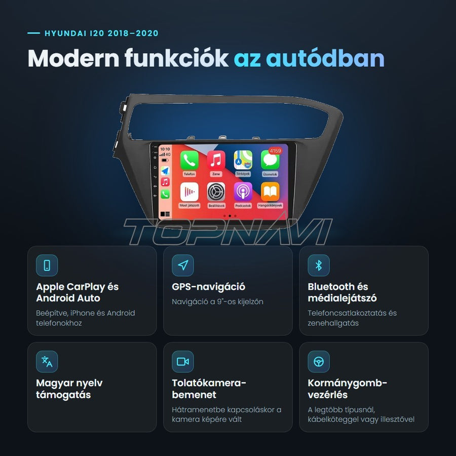 Hyundai i20 2018–2020 9" Android fejegység előnyei: Apple CarPlay, Android Auto, GPS-navigáció, Bluetooth, magyar nyelv támogatás, tolatókamera-bemenet - TOPNAVI