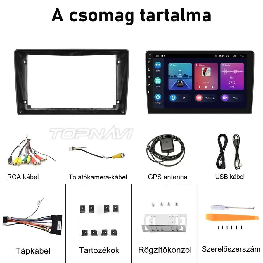 Hyundai i40 Android fejegység csomag tartalma: keret, kábelek, GPS antenna, rögzítőkonzol - TOPNAVI