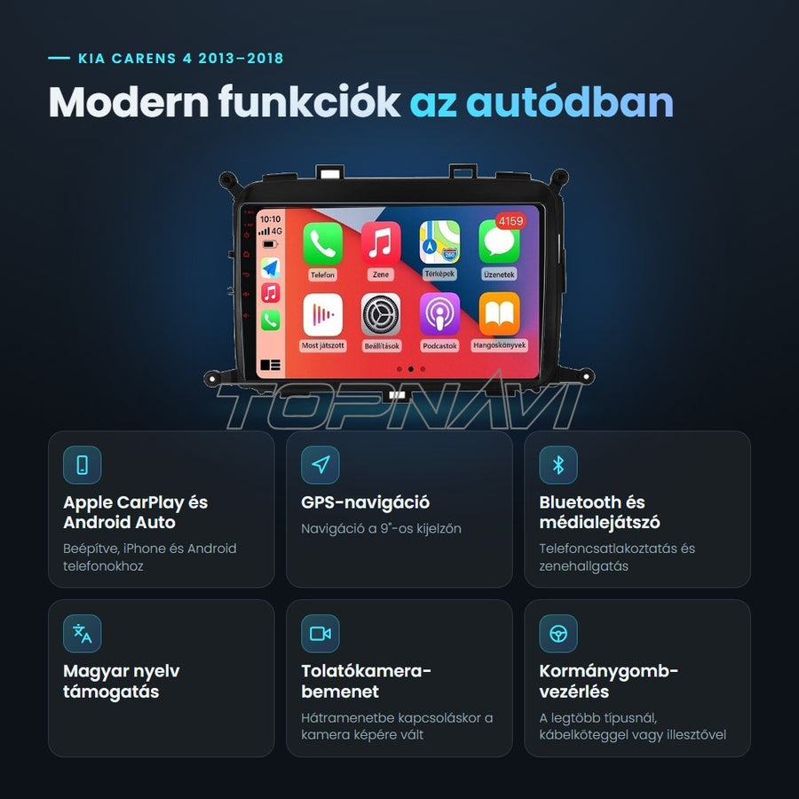 Kia Carens 4 2013–2018 9" Android fejegység előnyei: Apple CarPlay, Android Auto, GPS-navigáció, Bluetooth, magyar nyelv támogatás, tolatókamera-bemenet - TOPNAVI