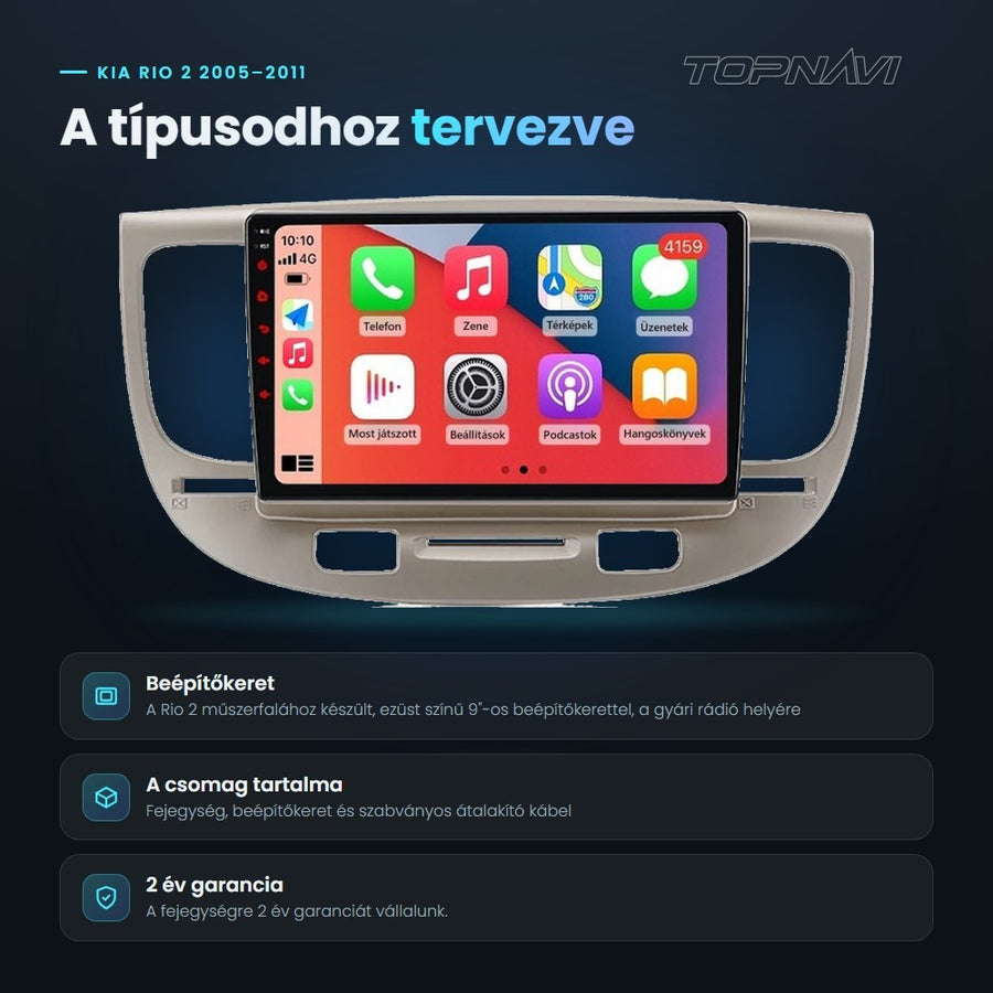 Kia Rio 2 2005–2011 Android fejegység: a típushoz tervezett beépítőkeret, a csomag tartalma, 2 év garancia - TOPNAVI