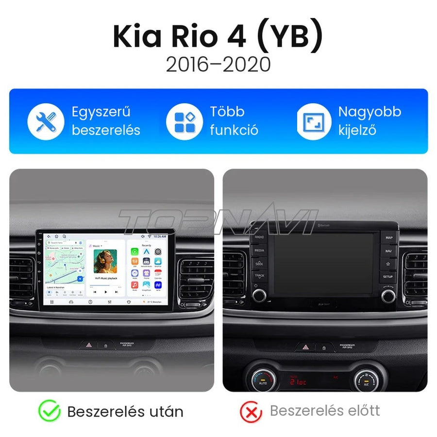 Kia Rio 4 (YB) műszerfal a gyári kijelzős rádióval és beszerelés után a 9" Android fejegységgel - TOPNAVI