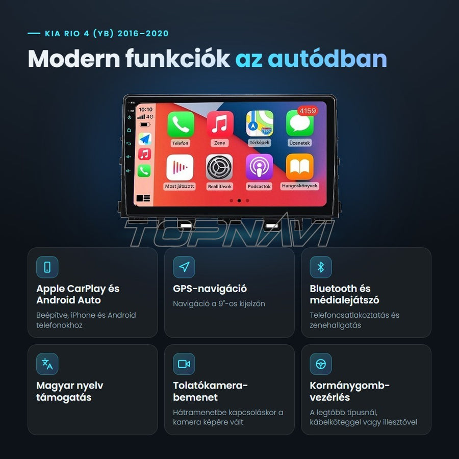 Kia Rio 4 (YB) 2016–2020 9" Android fejegység előnyei: Apple CarPlay, Android Auto, GPS-navigáció, Bluetooth, magyar nyelv támogatás, tolatókamera-bemenet - TOPNAVI