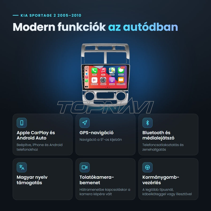 Kia Sportage 2 2005–2010 9" Android fejegység előnyei: Apple CarPlay, Android Auto, GPS-navigáció, Bluetooth, magyar nyelv támogatás, tolatókamera-bemenet - TOPNAVI