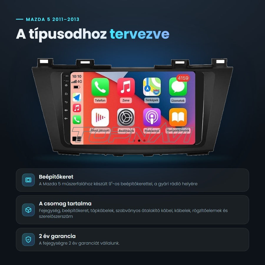 Mazda 5 2011–2013 Android fejegység: a típushoz tervezett beépítőkeret, a csomag tartalma, 2 év garancia - TOPNAVI