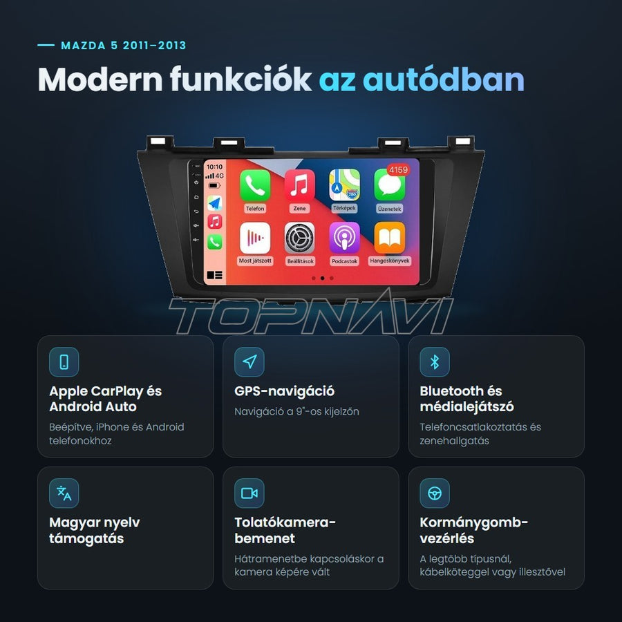 Mazda 5 2011–2013 9" Android fejegység előnyei: Apple CarPlay, Android Auto, GPS-navigáció, Bluetooth, magyar nyelv támogatás, tolatókamera-bemenet - TOPNAVI