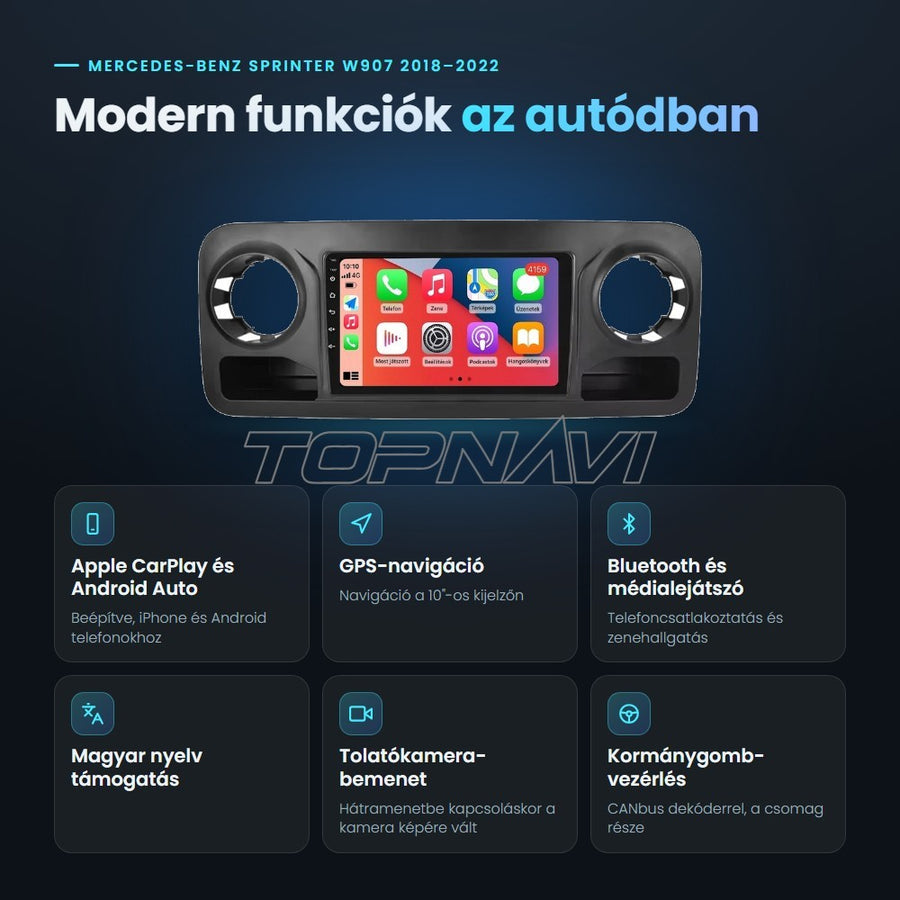 Mercedes-Benz Sprinter W907 2018–2022 10" Android fejegység előnyei: Apple CarPlay, Android Auto, GPS-navigáció, Bluetooth, magyar nyelv támogatás, tolatókamera-bemenet - TOPNAVI