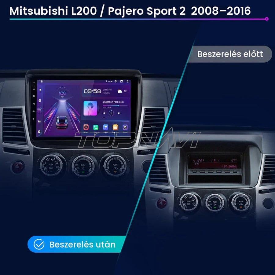 Mitsubishi Pajero Sport 2 műszerfal a gyári kijelzővel és beszerelés után a 9" Android fejegységgel - TOPNAVI