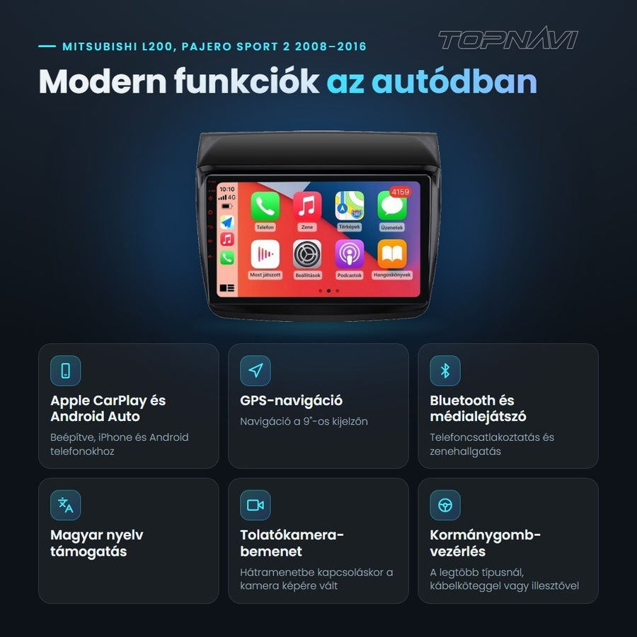 Mitsubishi L200, Pajero Sport 2 2008–2016 9" Android fejegység előnyei: Apple CarPlay, Android Auto, GPS-navigáció, Bluetooth, magyar nyelv támogatás, tolatókamera-bemenet - TOPNAVI