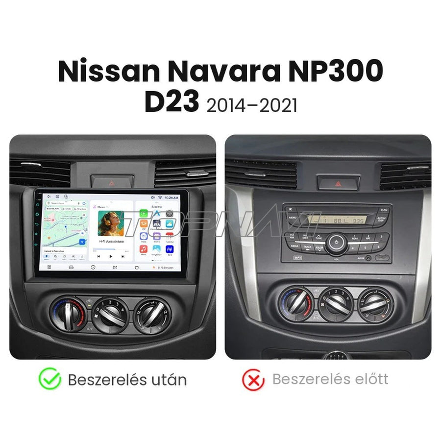 Nissan Navara D23 műszerfal a gyári rádióval és beszerelés után a 9" Android fejegységgel - TOPNAVI