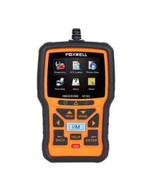 FOXWELL NT301 OBD2 hibakódolvasó elölnézetből, 2,8 hüvelykes színes TFT kijelzővel és I/M gyorsgombbal, fehér háttéren