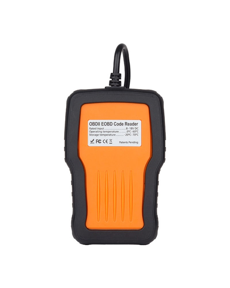 FOXWELL NT301 OBD2 kódolvasó hátulnézetből, ütésálló gumi tokkal és típuscímkével