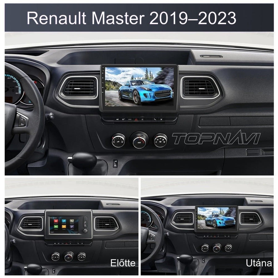 Renault Master 2019–2023 műszerfal a gyári Media Nav kijelzővel és beszerelés után a 10" Android fejegységgel - TOPNAVI