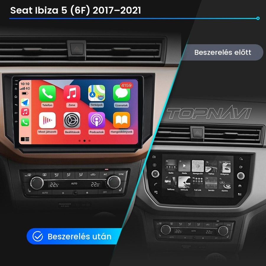 Seat Ibiza 5 (6F) műszerfal a gyári 8 colos kijelzővel és beszerelés után a 9" Android fejegységgel - TOPNAVI