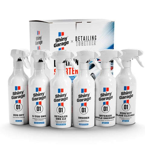 Shiny Garage X Detailing Together Starter Kit – a doboz és a hat 500 ml-es flakon: Bug Off, D-Tox One, Detailer One 2.0, Insider, Apple Dressing, Perfect Glass Cleaner