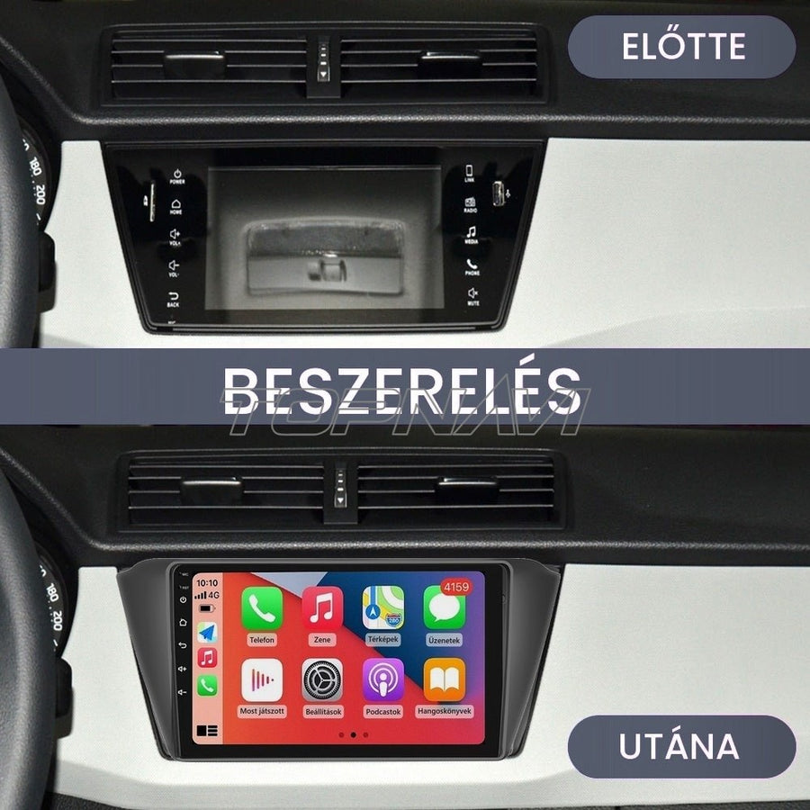 Skoda Fabia 3 műszerfal a gyári érintőkijelzős rádióval és beszerelés után a 9" Android fejegységgel - TOPNAVI