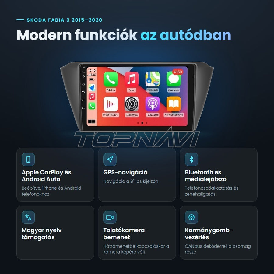 Skoda Fabia 3 2015–2020 9" Android fejegység előnyei: Apple CarPlay, Android Auto, GPS-navigáció, Bluetooth, magyar nyelv támogatás, tolatókamera-bemenet - TOPNAVI