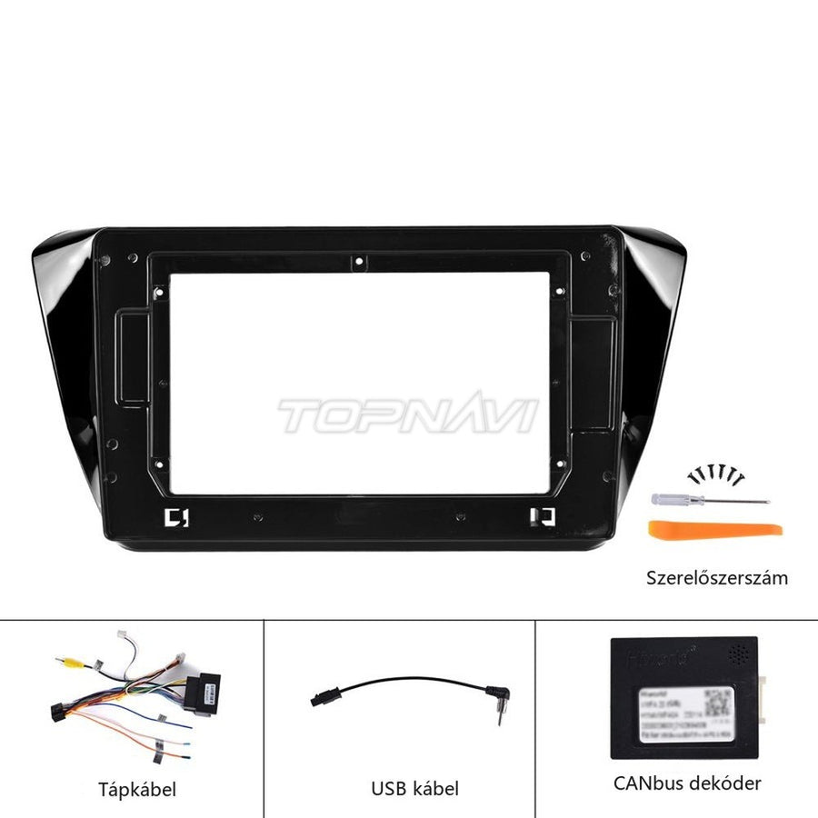Skoda Superb 3 10.1" beépítőkeret tápkábellel, USB kábellel, CANbus dekóderrel és szerelőszerszámmal - TOPNAVI
