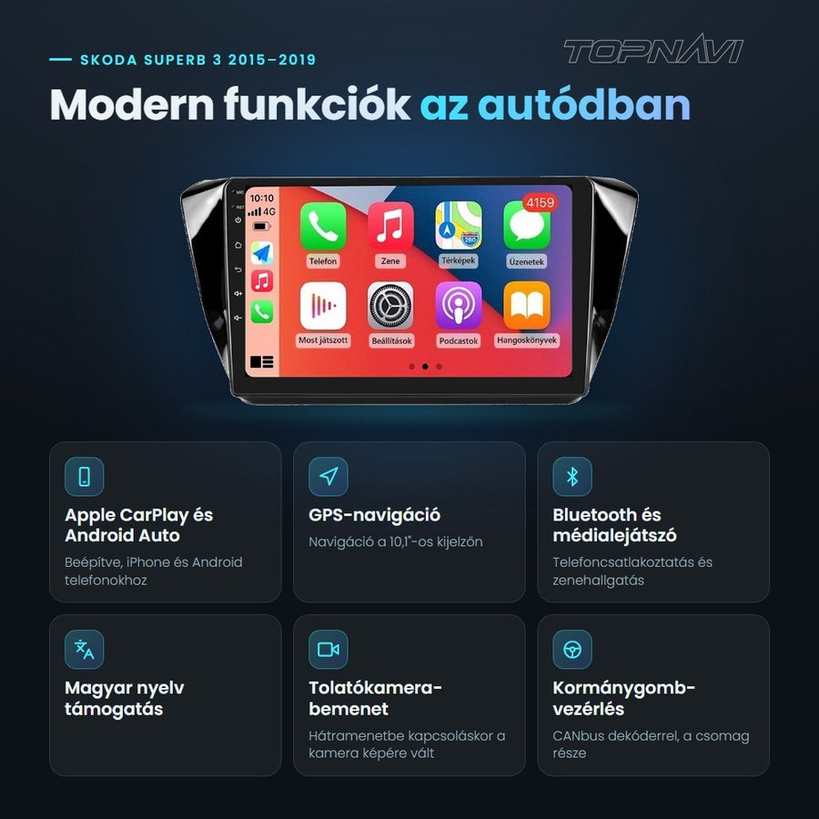 Skoda Superb 3 2015–2019 10,1" Android fejegység előnyei: Apple CarPlay, Android Auto, GPS-navigáció, Bluetooth, magyar nyelv támogatás, tolatókamera-bemenet - TOPNAVI