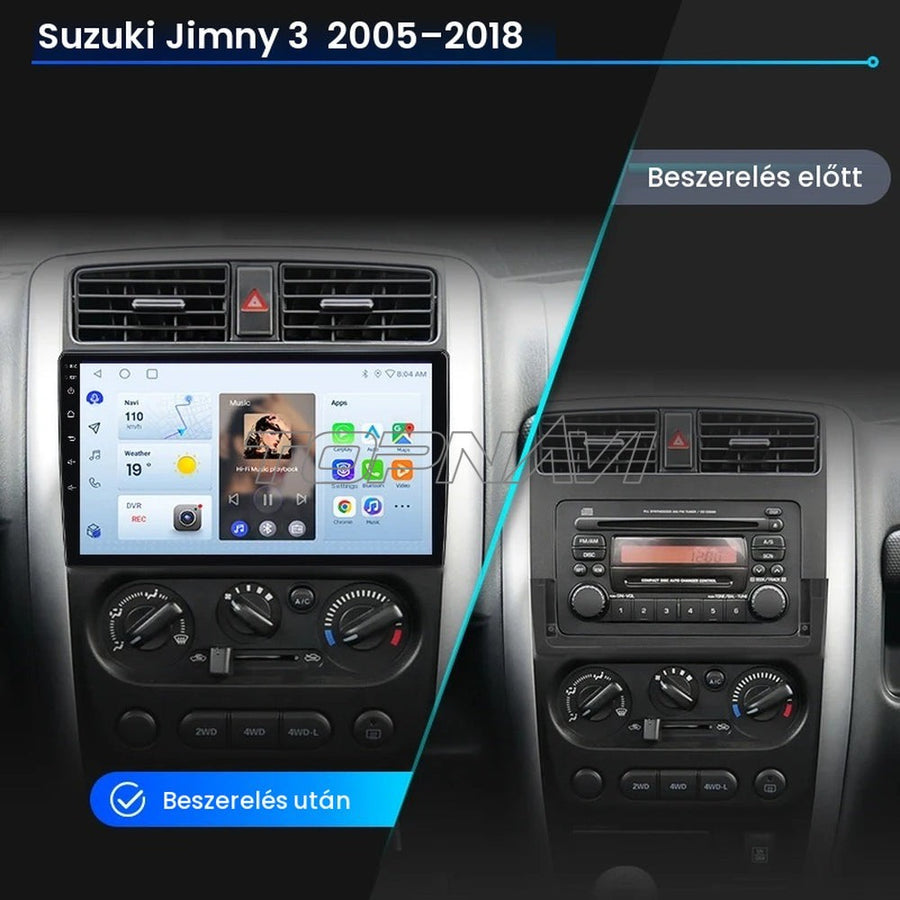 Suzuki Jimny 3 9" Android fejegység beszerelés előtt és után, közelebbről - TOPNAVI