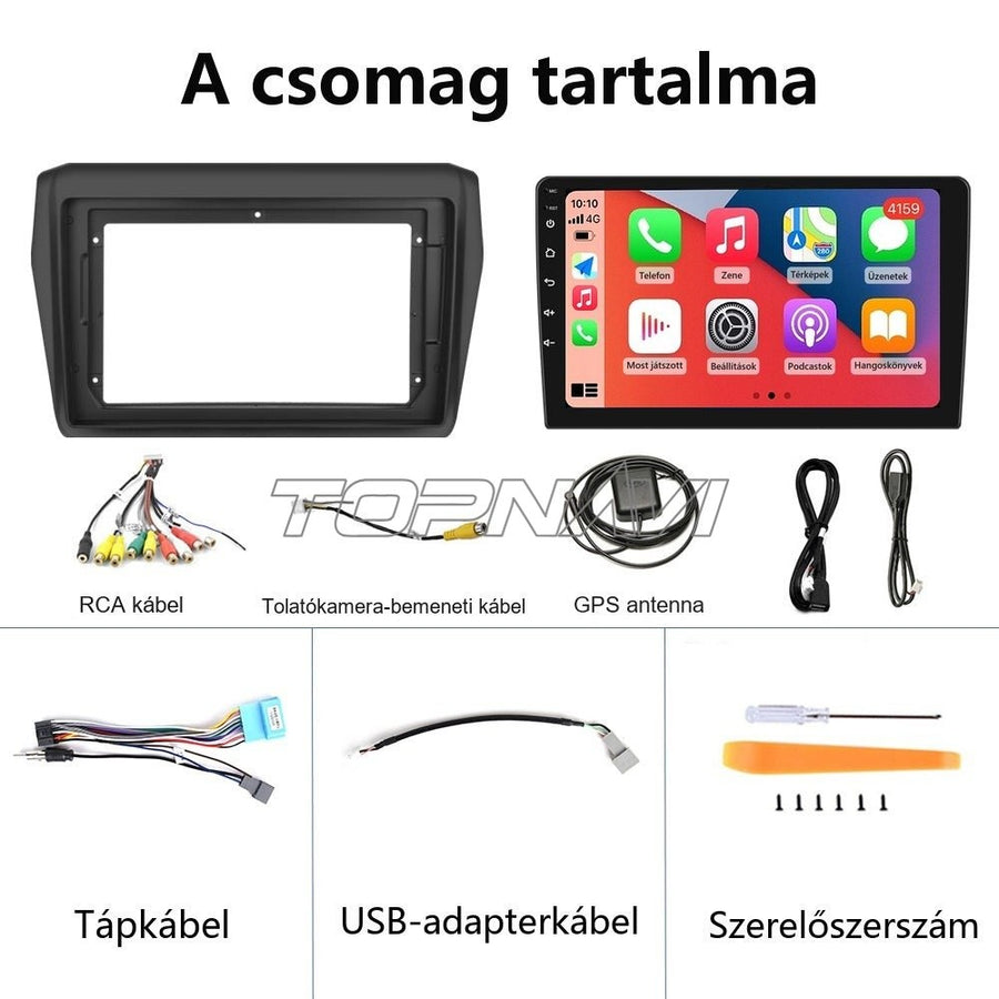 Suzuki Swift 4 Android fejegység csomag tartalma: keret, fejegység és kábelek - TOPNAVI