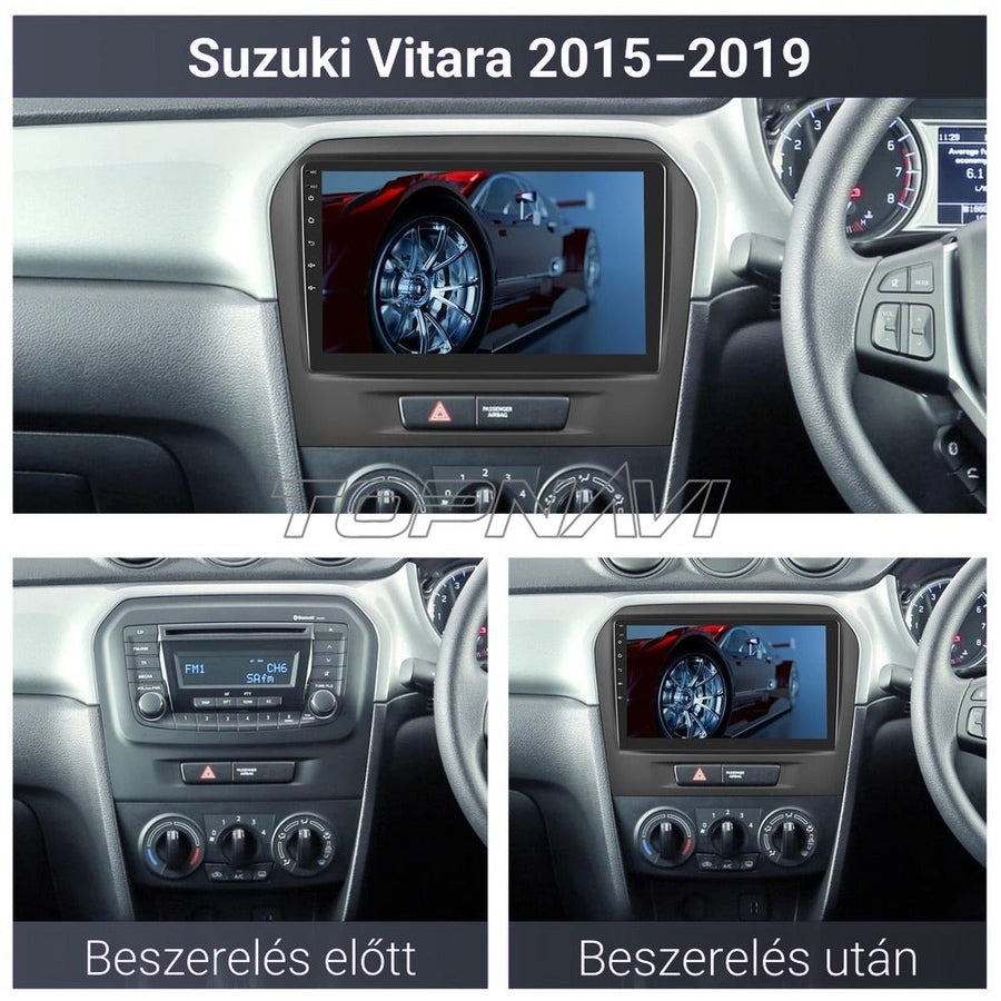 Suzuki Vitara műszerfal a gyári rádióval és beszerelés után a 9" Android fejegységgel - TOPNAVI