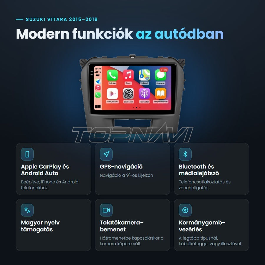Suzuki Vitara 2015–2019 9" Android fejegység előnyei: Apple CarPlay, Android Auto, GPS-navigáció, Bluetooth, magyar nyelv támogatás, tolatókamera-bemenet - TOPNAVI