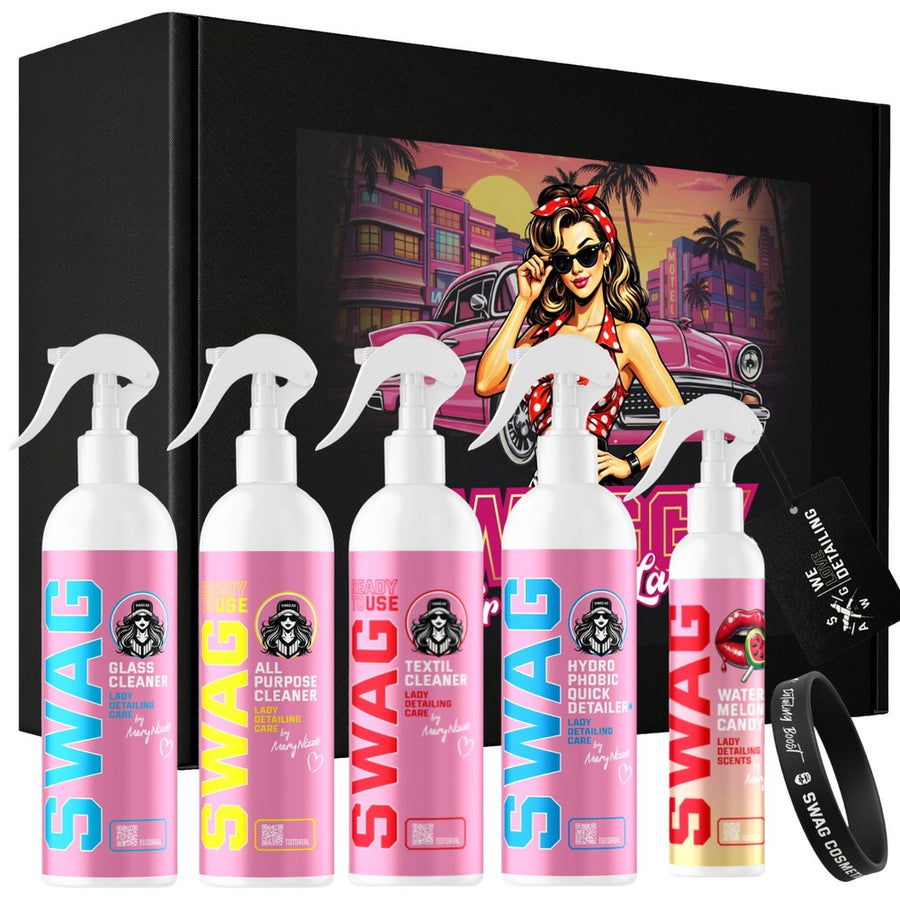 SWAG Gift Box For Lady autókozmetikai ajándékcsomag – díszdoboz és a teljes tartalom: négy 500 ml-es rózsaszín flakon, illatosító, karszalag