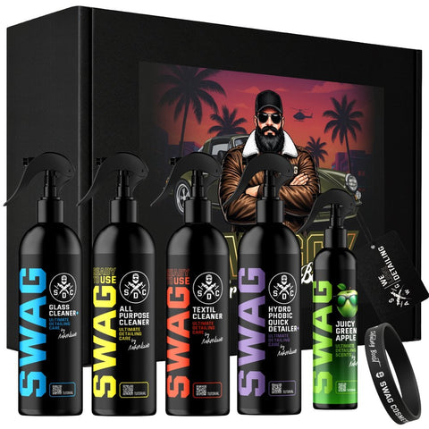 SWAG Gift Box For Men autókozmetikai ajándékcsomag – díszdoboz és a teljes tartalom: négy 500 ml-es szer, illatosító, karszalag