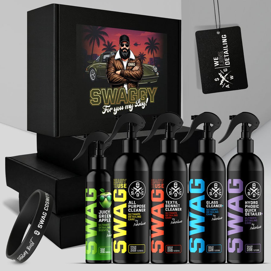 SWAG Gift Box For Men – a SWAGGY ajándékdoboz a Glass Cleaner+, APC, Textil Cleaner, Quick Detailer+ flakonokkal és illatosítóval