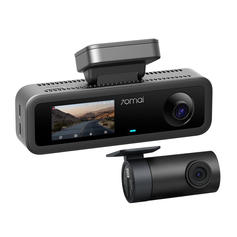 70mai Dash Cam 4K T800E első egység 1,9 hüvelykes kijelzővel és az RC21 hátsó kamera fehér háttéren