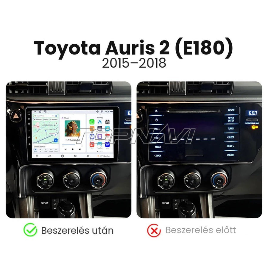 Toyota Auris E180 műszerfal a gyári kijelzős rádióval és beszerelés után a 9" Android fejegységgel - TOPNAVI
