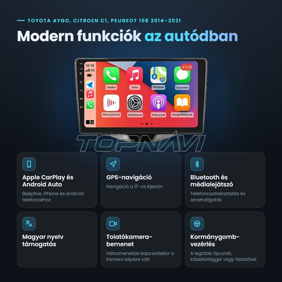Toyota Aygo, Citroen C1, Peugeot 108 2014–2021 9" Android fejegység előnyei: Apple CarPlay, Android Auto, GPS-navigáció, Bluetooth, magyar nyelv támogatás, tolatókamera-bemenet - TOPNAVI