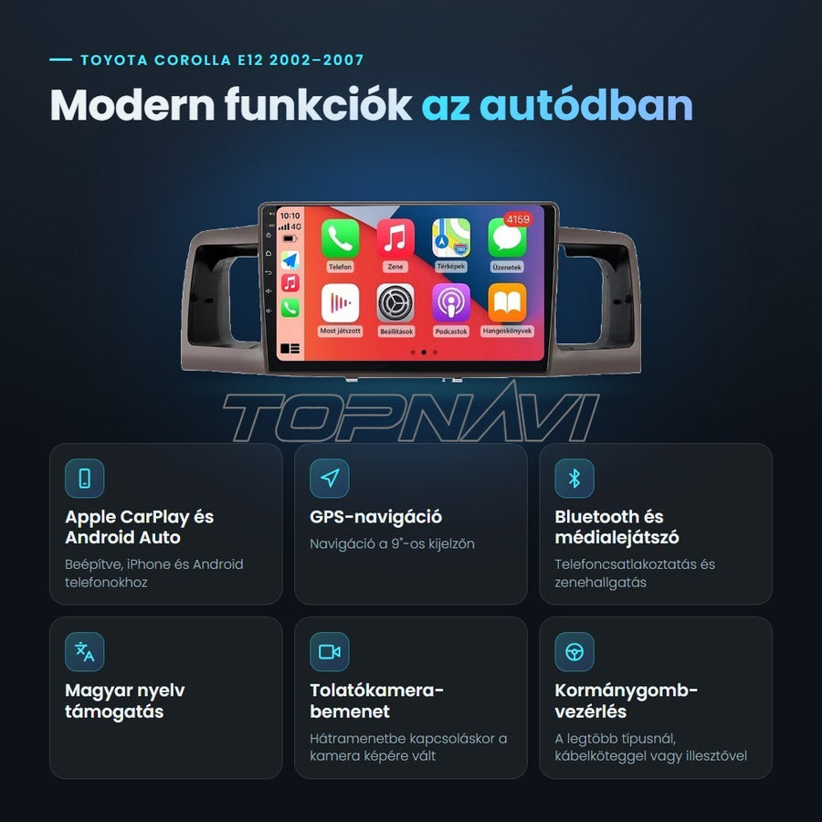 Toyota Corolla E12 2002–2007 9" Android fejegység előnyei: Apple CarPlay, Android Auto, GPS-navigáció, Bluetooth, magyar nyelv támogatás, tolatókamera-bemenet - TOPNAVI