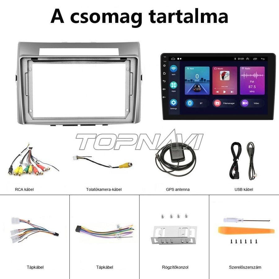 Toyota Corolla Verso Android fejegység csomag tartalma: keret, fejegység és kábelek - TOPNAVI