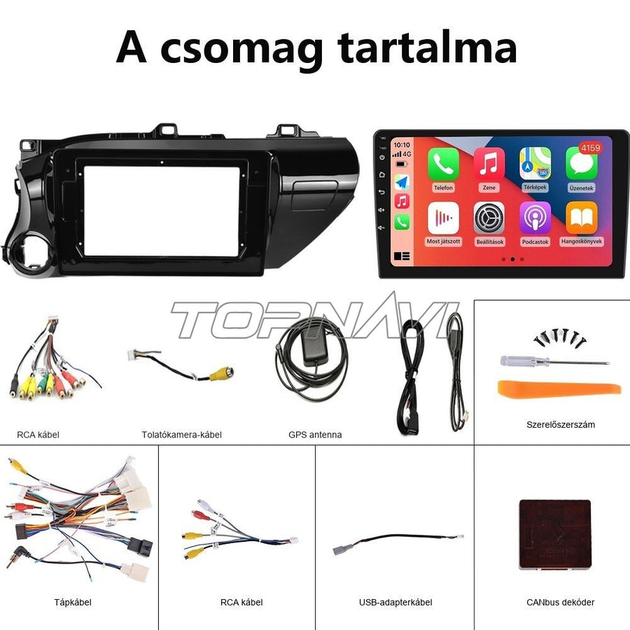 Toyota Hilux Android fejegység csomag tartalma: keret, fejegység és kábelek - TOPNAVI
