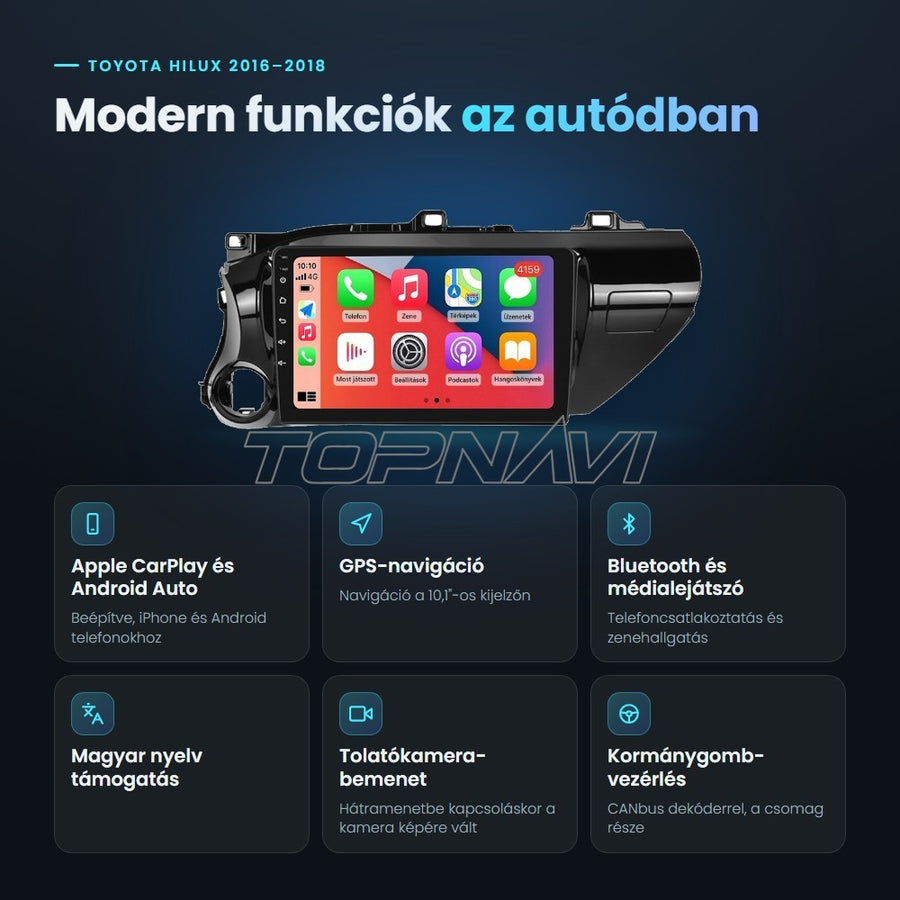 Toyota Hilux 2016–2018 10,1" Android fejegység előnyei: Apple CarPlay, Android Auto, GPS-navigáció, Bluetooth, magyar nyelv támogatás, tolatókamera-bemenet - TOPNAVI