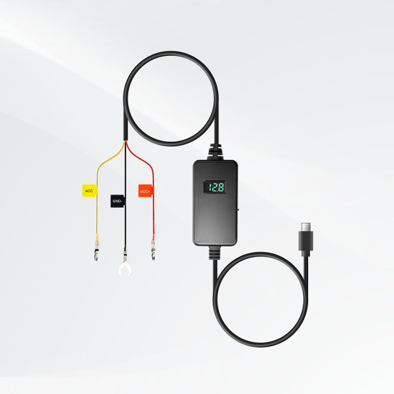 70mai UP06 teljes bekötőkészlet: ACC, GND és VCC+ vezetékek sarukkal, feszültségkijelzős modul és USB-C csatlakozó