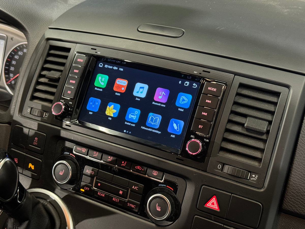 Volkswagen Touareg 2002 - 2010, Transporter 2003 - 2014, Multivan 2003 - 2014 7" Android Multimédia fejegység autórádió, hifi, rádió és fejegység nagy kijelzővel, CarPlay, Android autó, Wifi és Bluetooth támogatással,