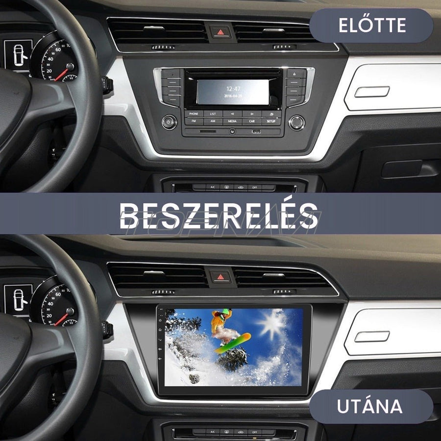 Volkswagen Touran 2 műszerfal a gyári rádióval és beszerelés után a 10.1" Android fejegységgel - TOPNAVI