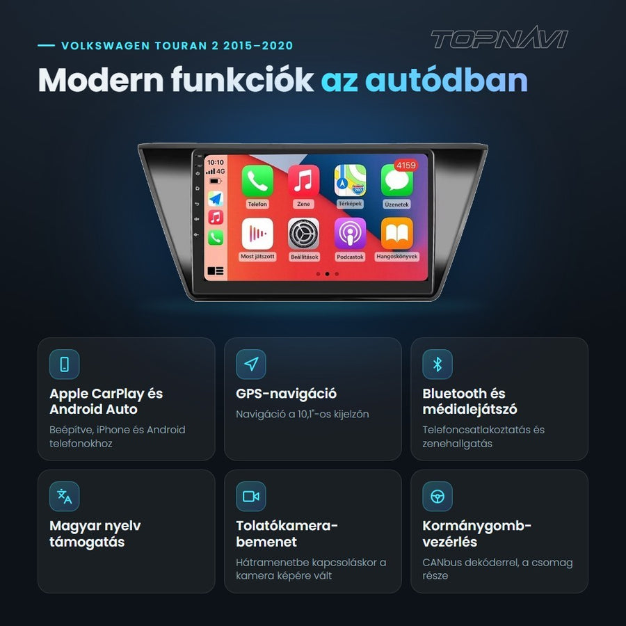 Volkswagen Touran 2 2015–2020 10,1" Android fejegység előnyei: Apple CarPlay, Android Auto, GPS-navigáció, Bluetooth, magyar nyelv támogatás, tolatókamera-bemenet - TOPNAVI