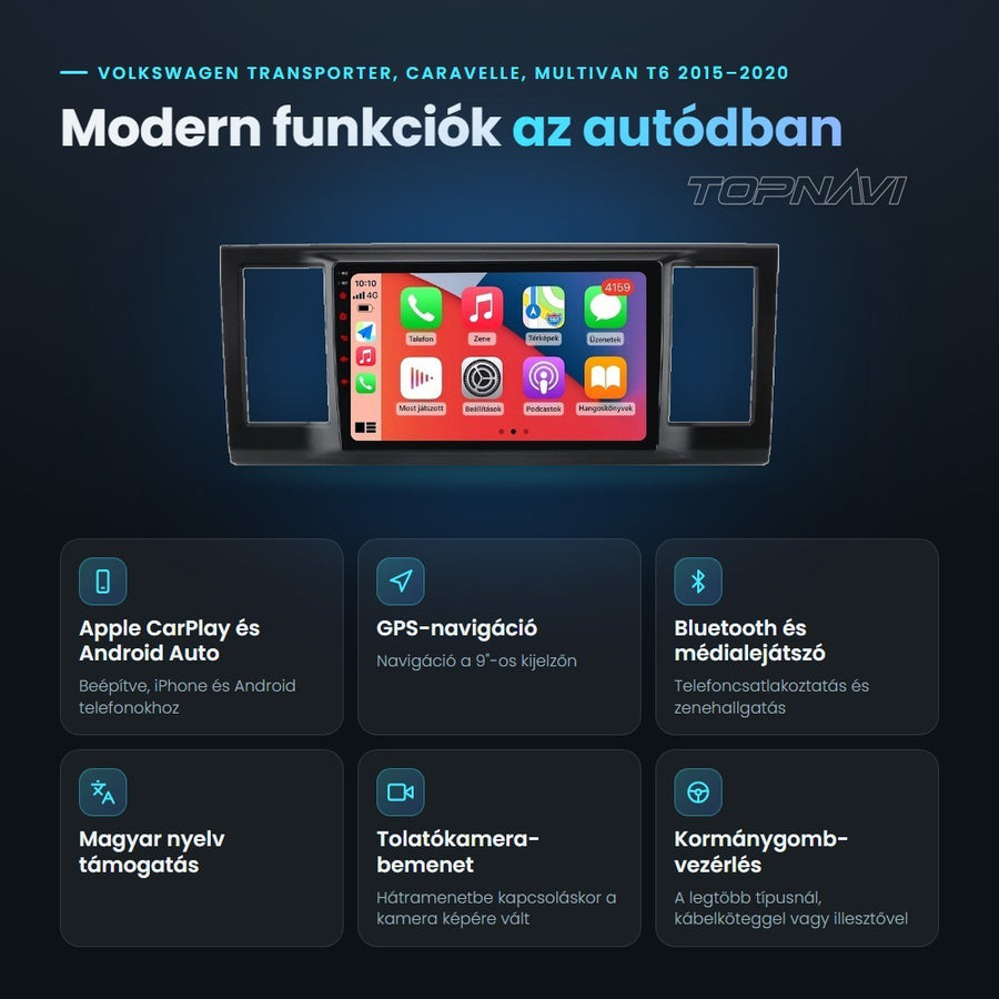 Volkswagen Transporter, Caravelle, Multivan T6 2015–2020 9" Android fejegység előnyei: Apple CarPlay, Android Auto, GPS-navigáció, Bluetooth, magyar nyelv támogatás, tolatókamera-bemenet - TOPNAVI