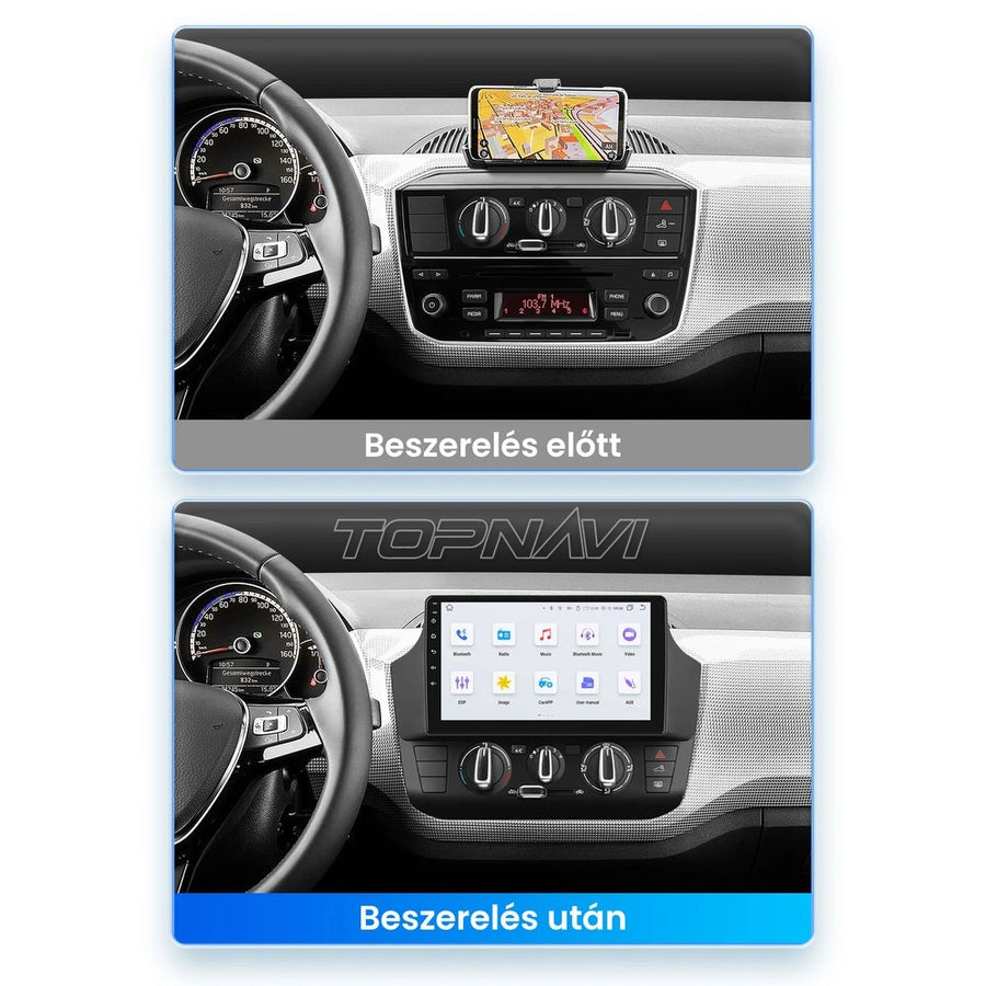 Volkswagen Up! műszerfal a gyári rádióval és beszerelés után a 9" Android fejegységgel - TOPNAVI