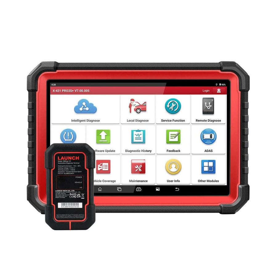 LAUNCH X-431 PRO3S+ V5.0 10,1 colos diagnosztikai tablet piros védőkerettel és Bluetooth VCI egységgel, fehér háttéren