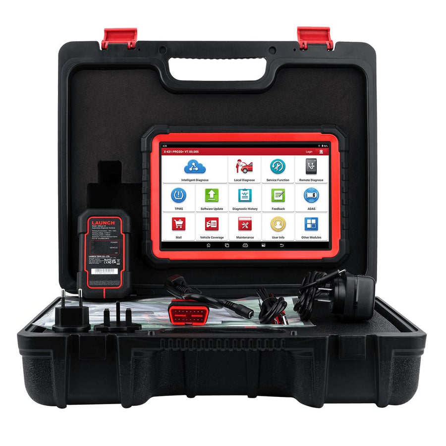 LAUNCH X-431 PRO3S+ V5.0 tablet és VCI a nyitott hordozható kofferben