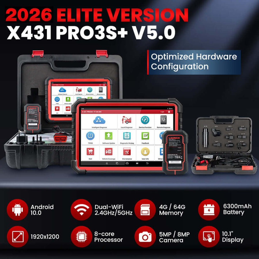 LAUNCH X431 PRO3S+ V5.0 teljes készlet: tablet, VCI, koffer és adapterkészlet, a hardver főbb jellemzőivel